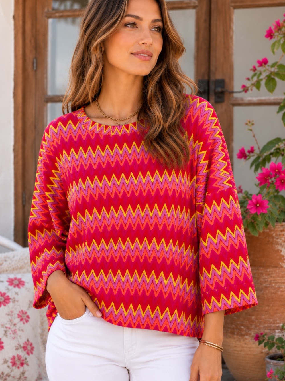 Johnny Was Zigzag Knit Tunic in Red, Yellow & Pink
